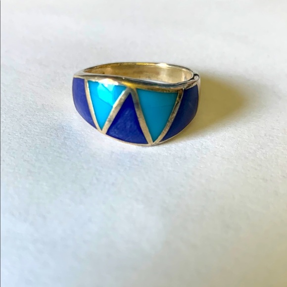Turquoise and lapis inlay wavy band ring size 8 sterling silver 925 - Picture 1 of 7